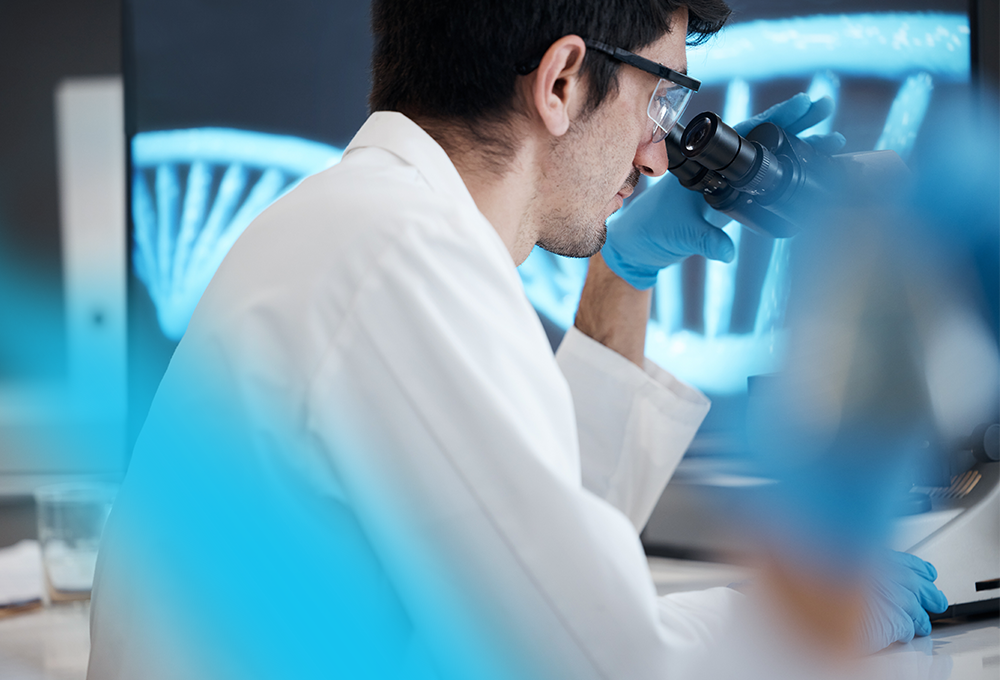 Doctor review slides in a microscope.