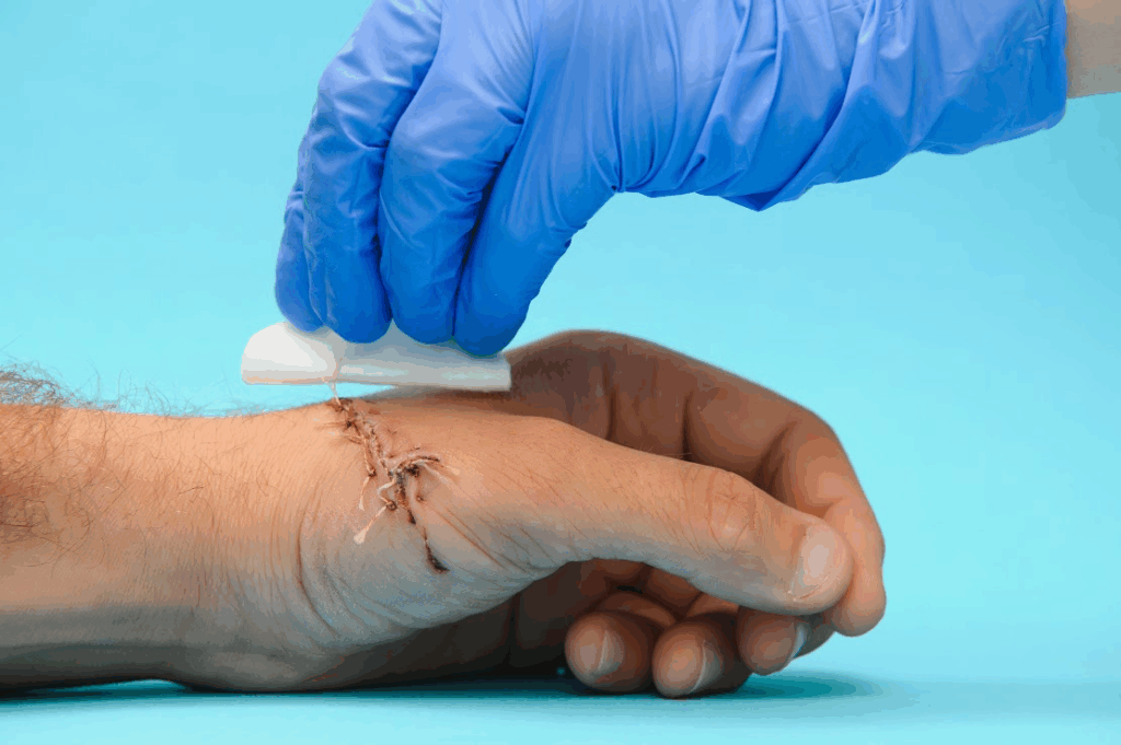A close-up of a nurse cleansing a surgical wound on a hand.