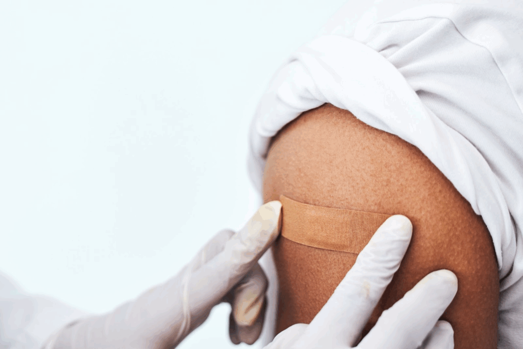 Medical professional putting a bandage on a patient.